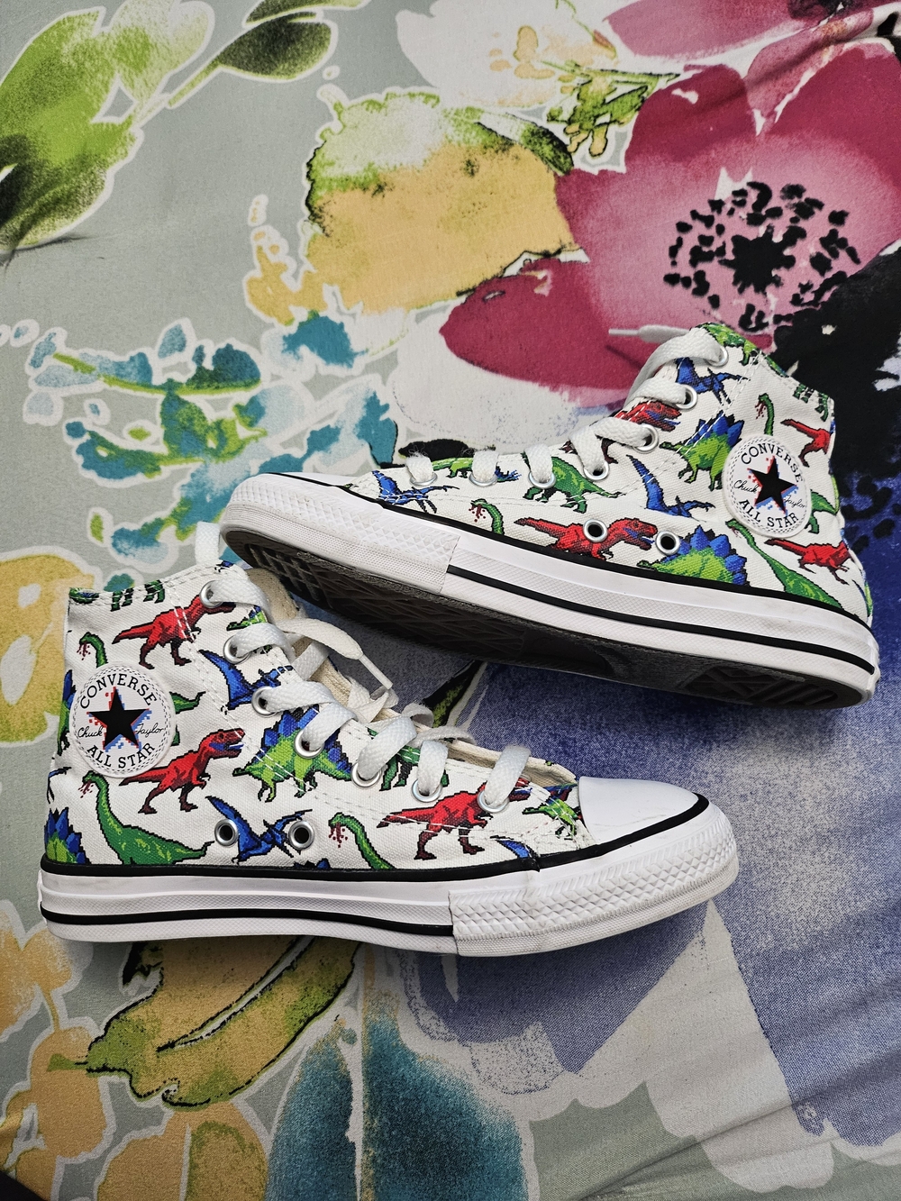 Converse Kids White High-Top Sneakers with Red, Green & Blue Dinosaurs - Picture 2 of 7